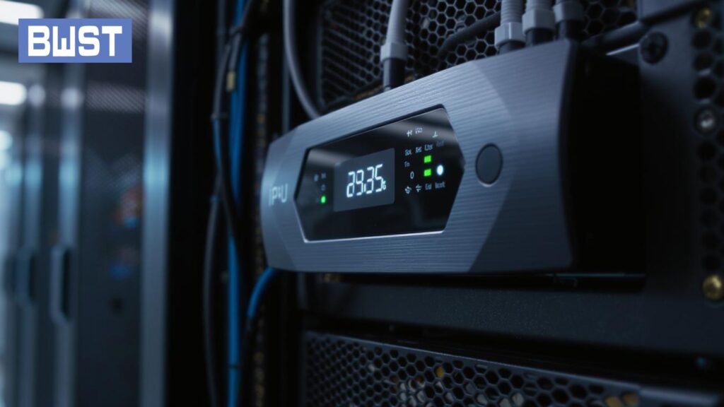 BW_BL_29062025 Close-up of a rack-mounted intelligent PDU with glowing LED display in a modern data center environment