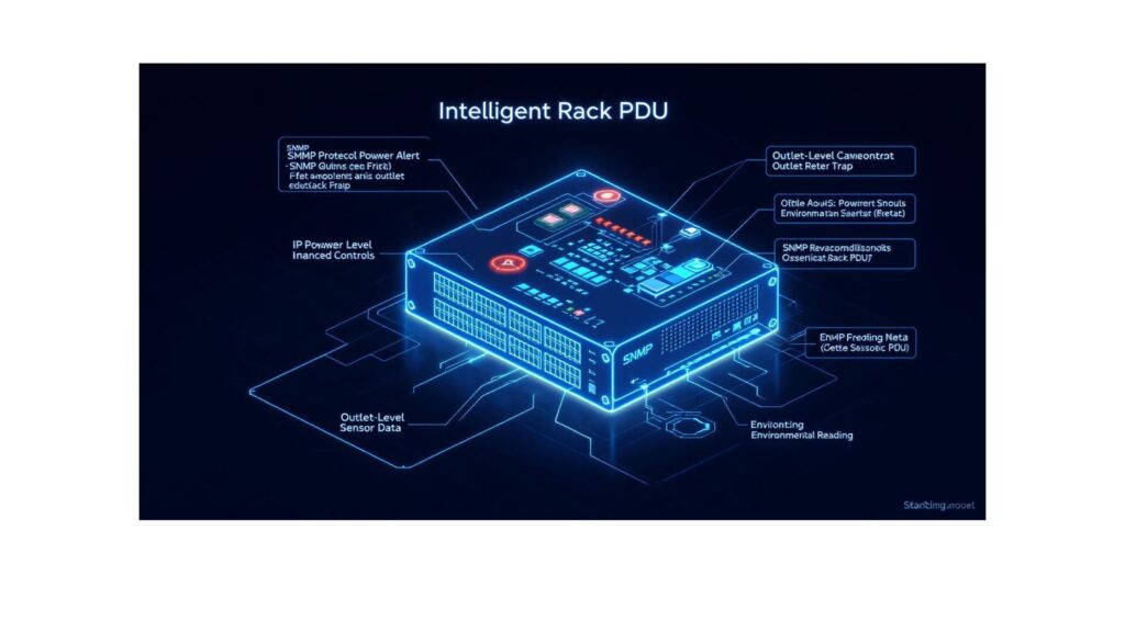 Macro view of a smart rack-mounted iPDU with SNMP ports, Ethernet interface, and digital screen glowing inside a modern data center cabinet.