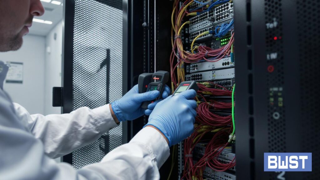 Engineer testing PDU in real rack simulation environment