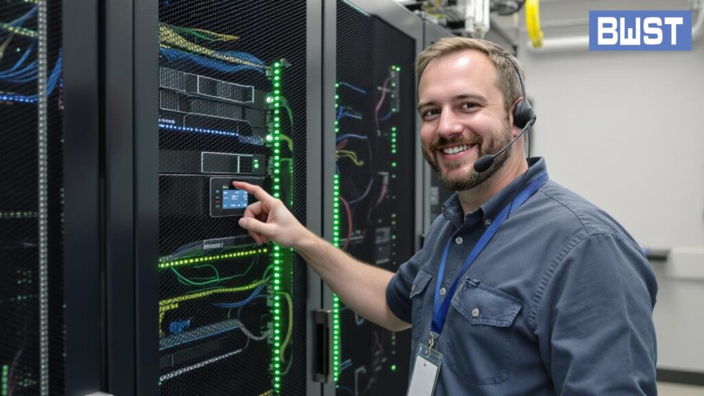 Network technician checking BW iPDU monitoring panel on rack-mounted unit