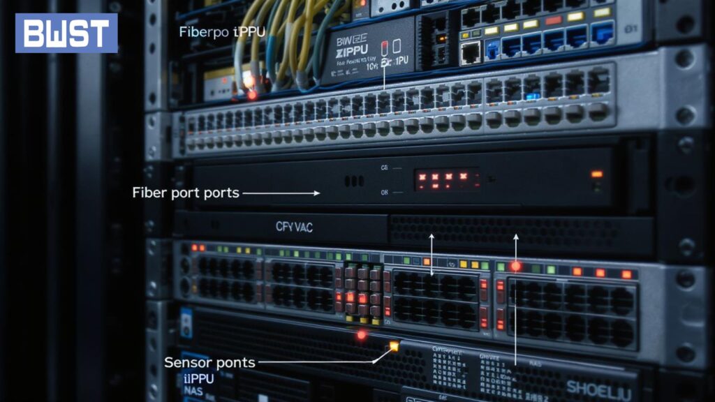 Labeled layers of server infrastructure stack from fiber to power