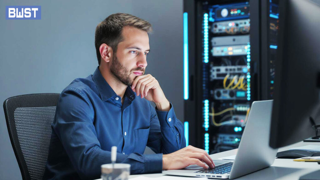 Close-up of a tech manager browsing a buyer’s guide on a laptop with rack gear behind